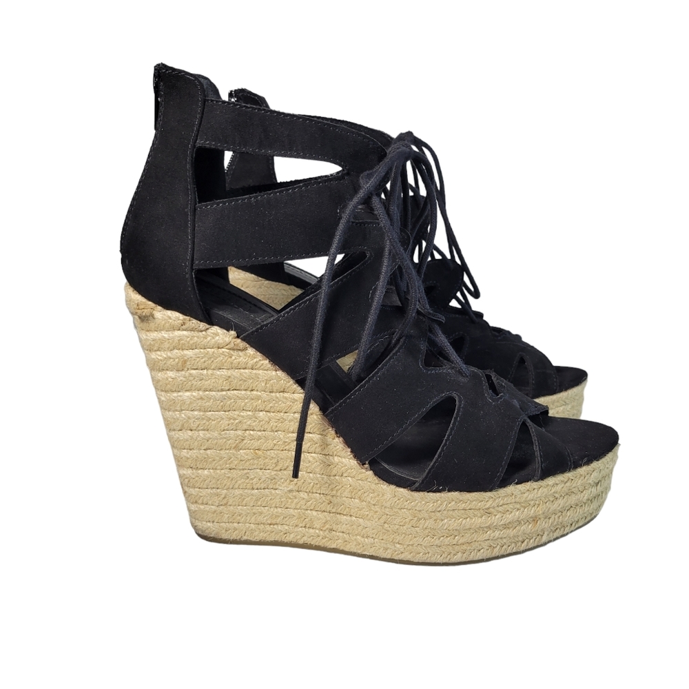 Black velvet lace up platform wedge espadrille sandals Size 8.5 - Picture 6 of 6